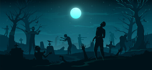 Canvas Print - Halloween scary zombie horror graveyard background. Dead apocalypse monsters walking at spooky night cemetery vector banner, eerie tombstones, old trees silhouettes, bats and full moon in dark sky