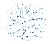 Realistic Rain Blue Water Drops And Splatters. Realistic 3d Vector Small Translucent Droplets Formed When Water Condenses Or Falls. They Shimmer, Cling, Create Ripples, Refreshing And Reflecting Light