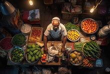 Indian Man Selling Vegetables At His Small Stall In The Local Vegetable Market.