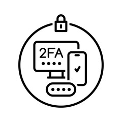 Leinwandbilder - 2FA two factor verification icon with vector thin line mobile phone and computer, authentication password, login and push code message symbol in round frame. Internet security and data protection