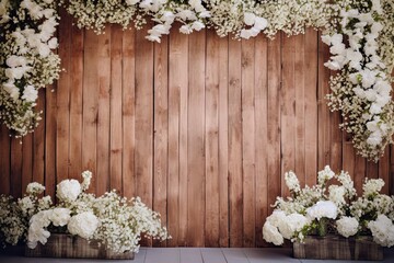 Celebrating Spring Delight. Wooden Background Enhanced by Blooming Flowers and Leaves