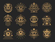 Eye Tattoo Occult And Esoteric Symbols. Mason And Magic Tarot Signs. Horus All Seeing Eye, Magic Tarot Tattoo, Mason Illumunati Occult Vector Symbols Set With Eye Of Providence, Pyramid, Pentagram