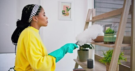 Poster - Dust cleaning, woman work and home with duster and cleaner in a living room. Bookcase shelf, female person and housekeeping brush in a lounge with furniture and maintenance for health and hygiene