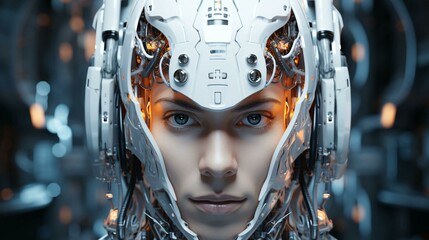 Poster - Connection of human woman and artificial intelligence robot. The concept of merging a person and a computer with neural networks in the future. AI generated