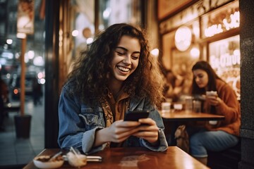 Sticker - Caucasian woman using the phone Typing on smartphone touch screen, texting, business woman, female student, happy smiling, online shopping, e-commerce mobile app.