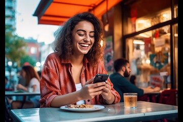 Sticker - Caucasian woman using the phone Typing on smartphone touch screen, texting, business woman, female student, happy smiling, online shopping, e-commerce mobile app.