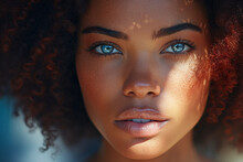 Close Up Of Beautiful Afro American Woman With Dark Skin And Unusual Light Colored Blue Eyes