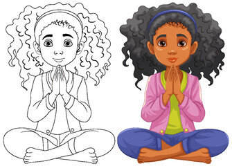 Sticker - Curly-haired Woman Praying and Meditating with Open Eyes