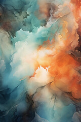 Wall Mural - Abstract dramatic watercolor cloudscape background with orange and cyan clouds. Generative AI  