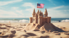 Sand Castle With American Flag On Beach