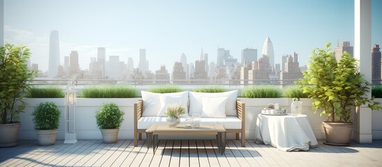 Sticker - urban city downtoen apartment terrace balcony design with wooden deck floor cosy wooden comfort furniture with skyscraper building background home interior design,ai generate