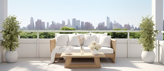 Sticker - urban city downtoen apartment terrace balcony design with wooden deck floor cosy wooden comfort furniture with skyscraper building background home interior design,ai generate