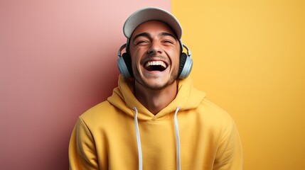 hipster funky male man smiling laugh happiness joyful while listening music melody song with headphone standing against on colour background,ai generate