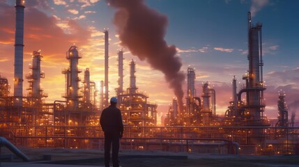 Wall Mural - Back view of a worker in the oil refinery