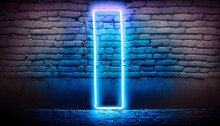 Wallpaper Texture Light Bulb In The Dark Graphic Showcasing A Blue Neon Light Streaking Across A Brick Wall At Night. Generate AI