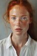 A woman with freckles and fiery red hair stands in a sunlit room, her expression captivating with a hint of mystery as her bright eyes peek out from beneath delicate eyelashes