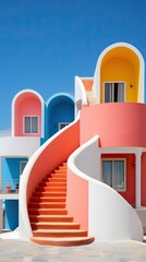 A magnificent building with a winding staircase stretching up to the sky, its colorful architecture framed by grand windows and set against the backdrop of a bright blue sky, captivates onlookers and