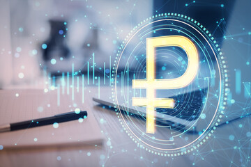 Poster - Close up of laptop and supplies on desk with creative round ruble coin and polygonal mesh hologram on blurry background. Digital money and finance concept. Double exposure.