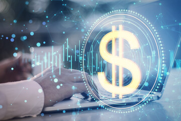 Poster - Close up of male hands using laptop keyboard with creative round dollar coin and polygonal mesh hologram on blurry outdoor background. Digital money and finance concept. Double exposure.