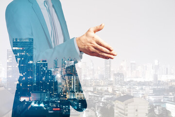 Aufkleber - Businessman shaking hands on blurry night city background. Teamwork, success and partnership concept. Double exposure.