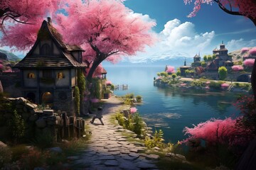 Wall Mural - Enchanting Spring Forest Riverside with Stone Cottages, Pink Vines, and Lush Landscape