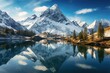 © Pixalogue - A breathtaking vista of a calm mountain lake nestled amidst majestic snowy peaks beautifully mirror