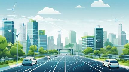 Wall Mural - Futuristic Electric Vehicles Transforming Urban Landscapes: Green City Illustration