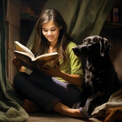 Canvas Print - A woman reading a book with her dog