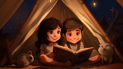 Wall Mural - A boy and a girl reading a book in a tent