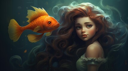 Wall Mural - A painting of mermaid and a fish