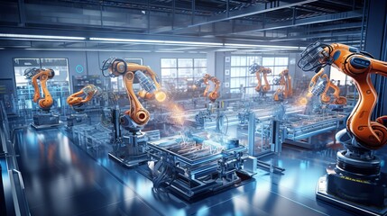 Revolutionizing Manufacturing: High-Tech Factory with Advanced Automation and Robotics for Precise Component Assembly - Futuristic Industrial Robot Arm in Action