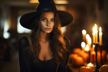 Halloween, Sexy Charming Young Woman In Witch Hat And Black Dress With Pumpkins And Candles Indoors Looking At Camera