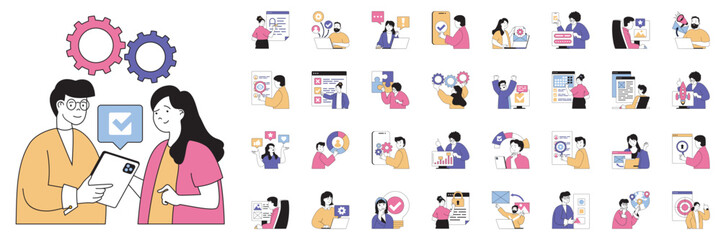 Fototapete - Marketing and development concept with character situations mega set. Bundle of scenes people creating promotion strategy, chatting with client, mailing, other. Vector illustrations in flat web design