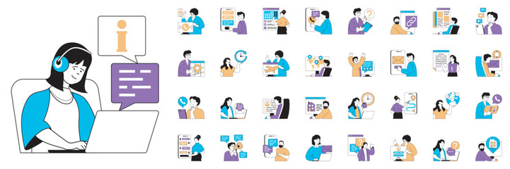 Leinwandbilder - Contact us concept with character situations mega set. Bundle of scenes people calling, sending messages, chatting, searching info for questions and other. Vector illustrations in flat web design