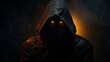 Enigmatic hooded figure with hidden face in dark shadows, dynamic male persona, intense flames on black background - high-quality