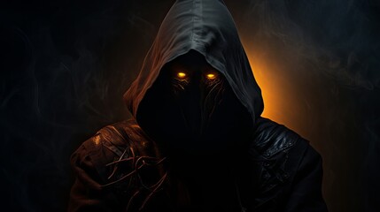 enigmatic hooded figure with hidden face in dark shadows, dynamic male persona, intense flames on bl