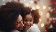 Cute Little Girl With Curly Afro Hair Hugging Her Mom Near Christmas Tree In The Evening