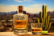 Close Up Of Bottle Of Sotol Mexican Alcohol And Shot Glass With Desert In Background