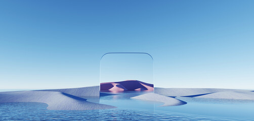 Wall Mural - 3d Render, Abstract Surreal pastel landscape background with arches and podium for showing product, panoramic view, Colorful dune scene with copy space, blue sky and cloudy, Minimalist decor design
