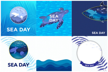 Wall Mural - Collection of Sea Day Greeting Cards and Social Media Templates. Celebrated on Japan on July 18. Marine Day or Ocean day. Vector Illustration Set. EPS 10. Paper cut out and origami.