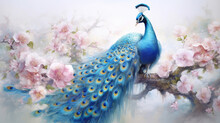 A Peacock, Watercolor Peacock With Flowers. Generative Ai