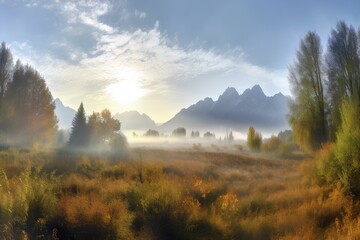 Wall Mural - sunrise in the mountains made by midjourney