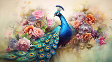 A Peacock, Watercolor Peacock With Flowers. Generative Ai
