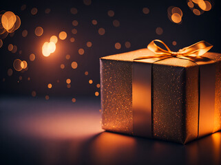 Black friday gifts box  with gold ribbon and bokeh background