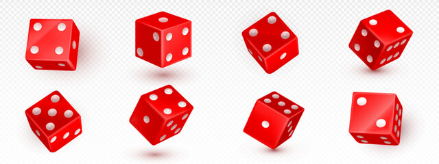 Realistic set of red dice isolated on transparent background. Vector illustration of 3D game cubes with spots on sides for game of change, gambling assets, random chance to win, good luck symbol