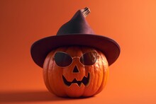 Halloween Pumpkin In Witch Hat And Glasses Isolated On Orange Background. Halloween. Generative AI.