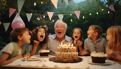 A grandfather with his 5 grandchildren sitting in a garden celebrating happy birthday