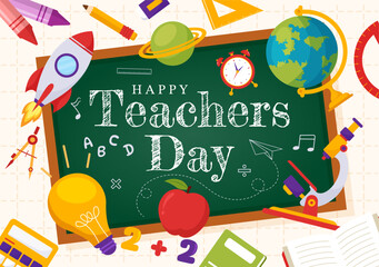 Wall Mural - Happy Teacher's Day Vector Illustration with School Equipment Such as Blackboards, Pencils, Bags, Books and Others in Flat Cartoon Background