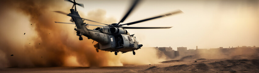 Wall Mural - Generic military chopper crosses fire and smoke in the desert