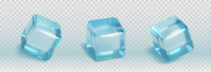 Poster - Ice cube 3d realistic set - blue transparent square pieces of frozen water for cooling drinks. Translucent freeze solid blocks for cocktails and beverages. Vector illustration of clear frosty aqua.
